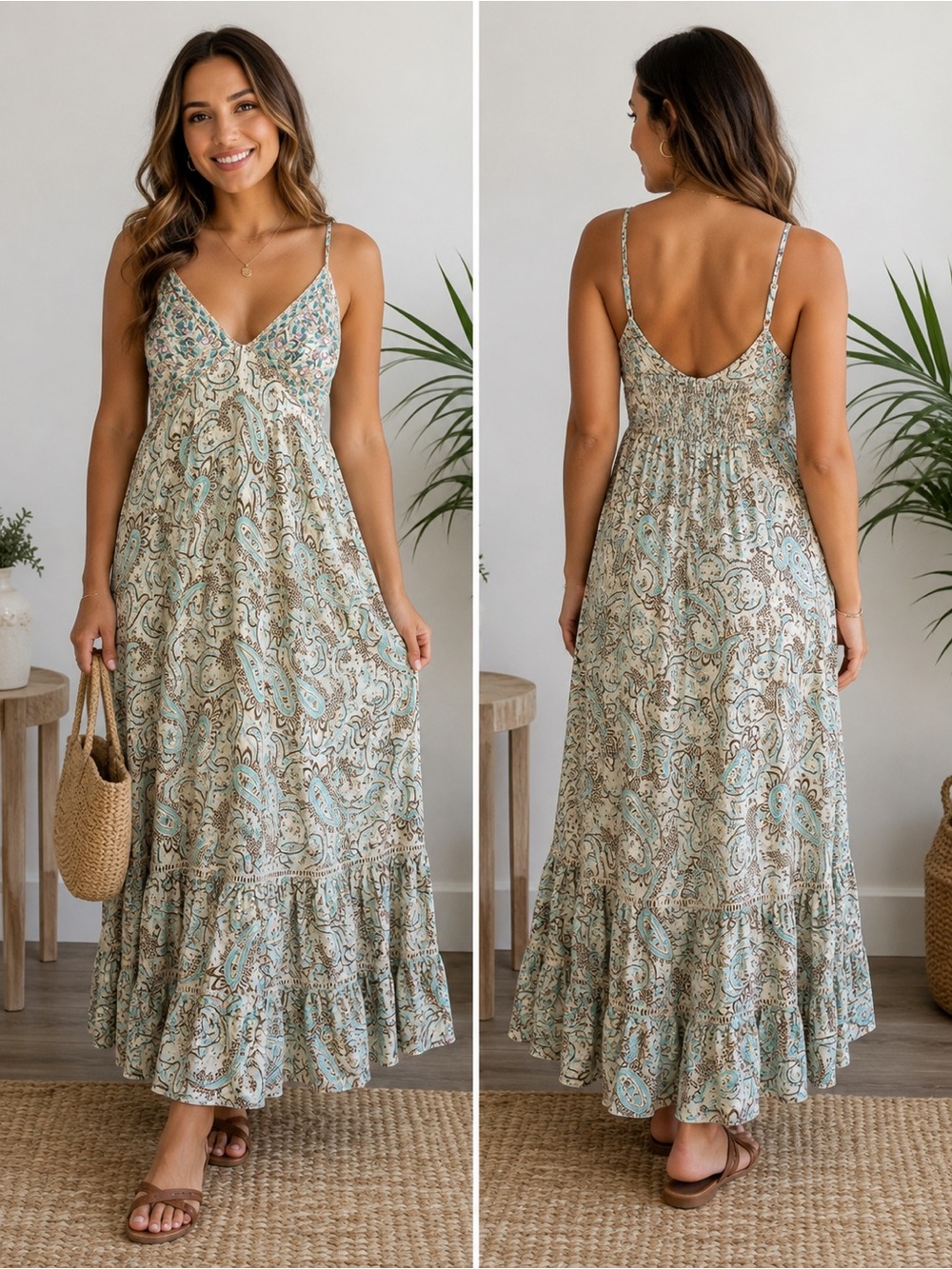 NKN Nekane Boho Paisley Embroidered Halter Maxi Dress S